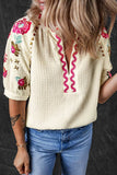 Floral Embroidered Notched Puff Sleeve Blouse - Trendsi - Flyclothing LLC