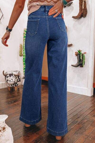 Front Pocket Patch High Waisted Wide Leg Jeans - Trendsi - Flyclothing LLC