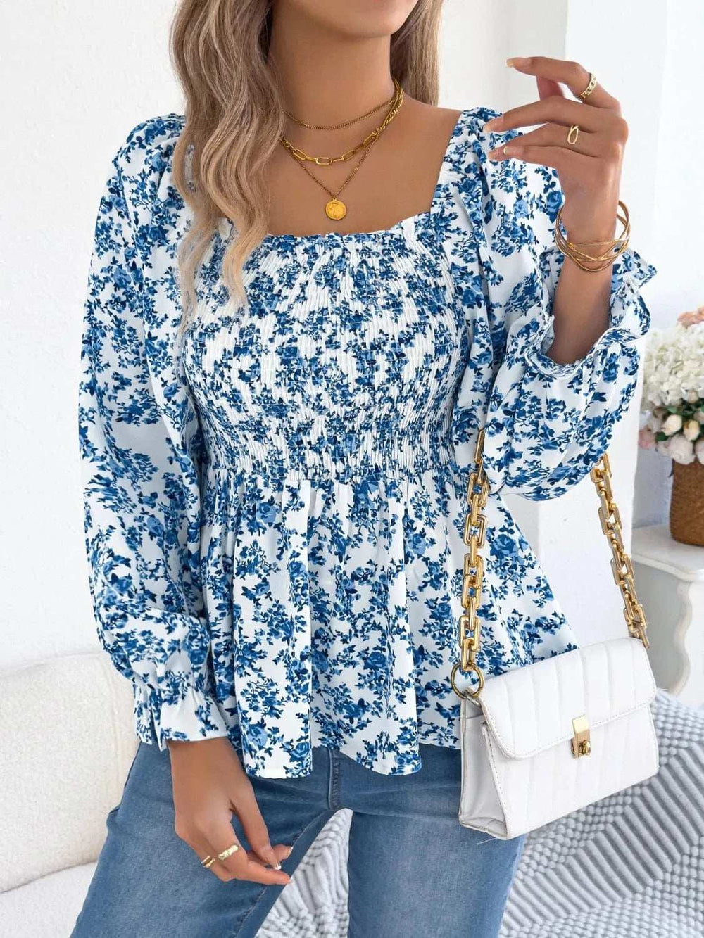 Floral Square Neck Flounce Sleeve Blouse - Trendsi - Flyclothing LLC
