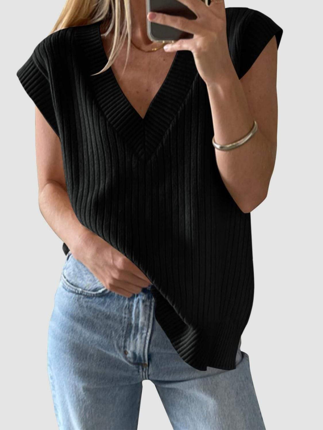 Mandy Ribbed V-Neck Sweater Vest - Trendsi - Flyclothing LLC