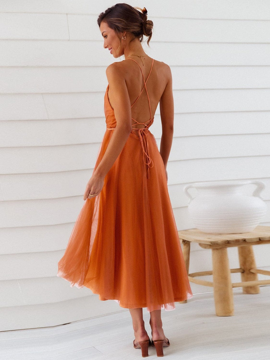 Backless Crisscross Sleeveless Midi Dress - Trendsi