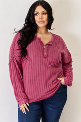 Basic Bae Full Size Ribbed Half Button Long Sleeve High-Low T-Shirt - ShopBasicbae - Flyclothing LLC
