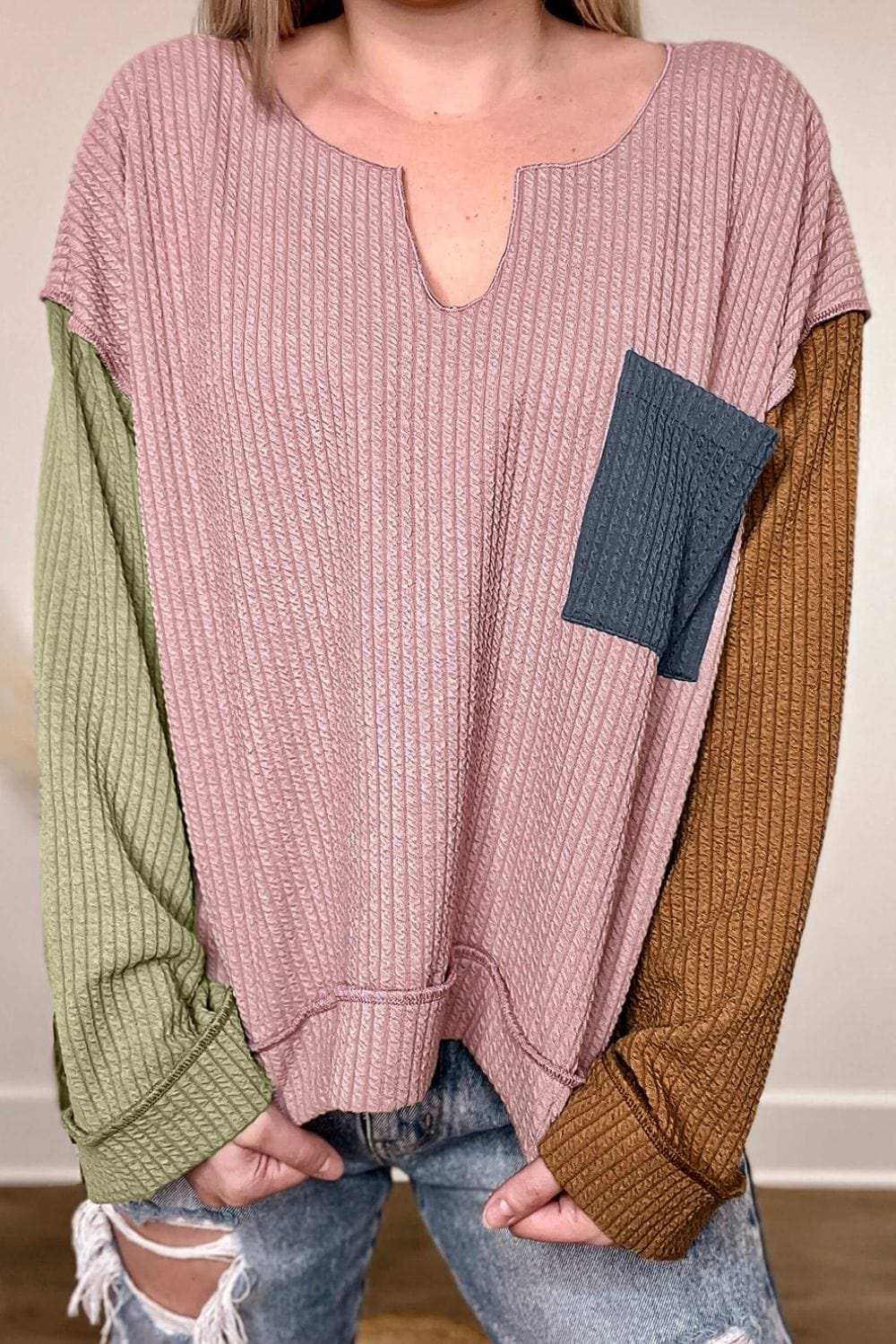 Color Block Textured Notched Long Sleeve Top - Trendsi - Flyclothing LLC