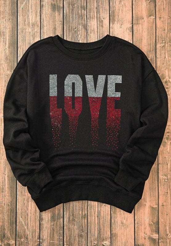 Rhinestone LOVE Round Neck Long Sleeve Sweatshirt - Trendsi - Flyclothing LLC