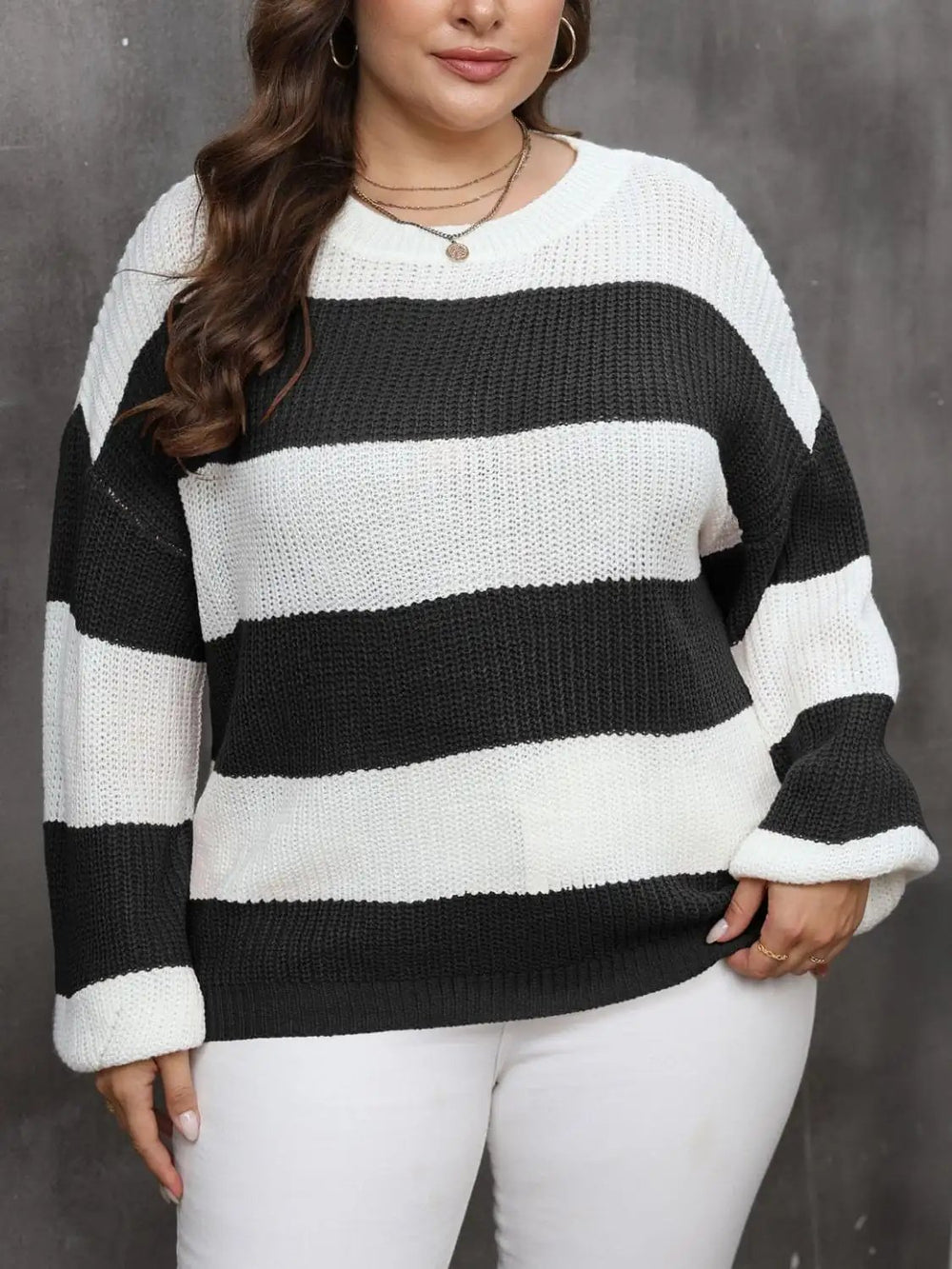 Plus Size Striped Round Neck Long Sleeve Sweater - Trendsi
