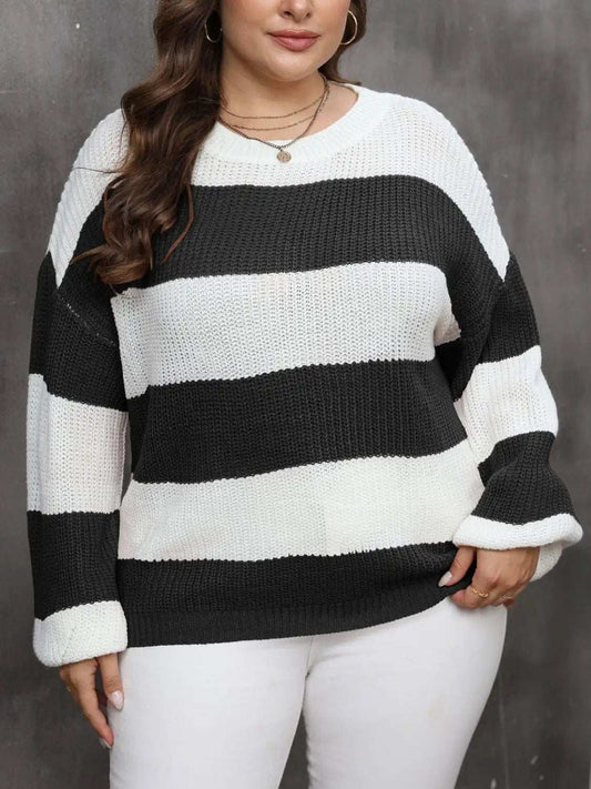 Plus Size Striped Round Neck Long Sleeve Sweater - Trendsi - Flyclothing LLC