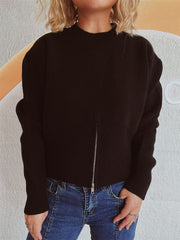 Round Neck Half Zip Long Sleeve Sweater - Trendsi