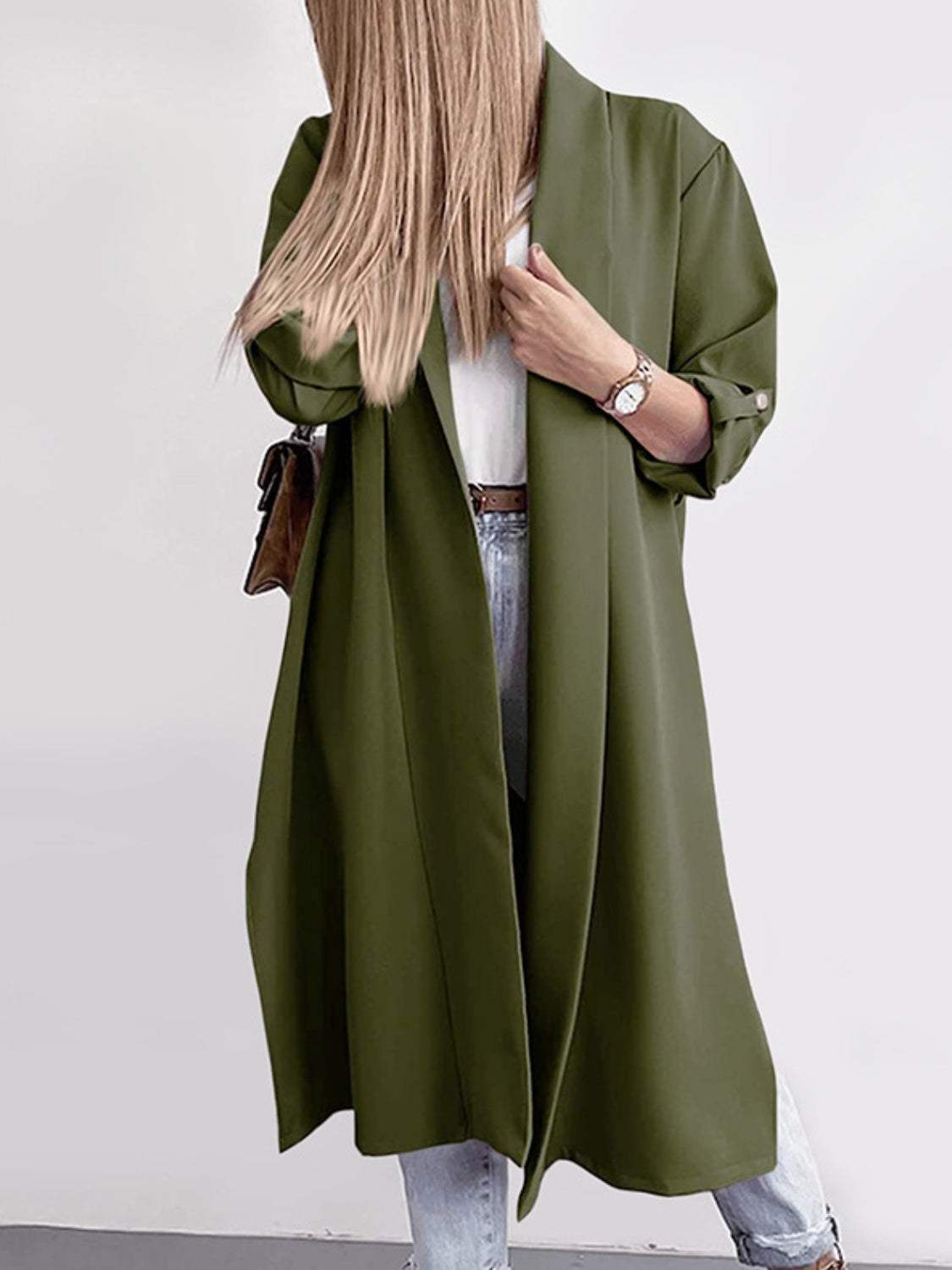 Slit Open Front Roll-Tab Sleeve Trench Coat - Trendsi - Flyclothing LLC