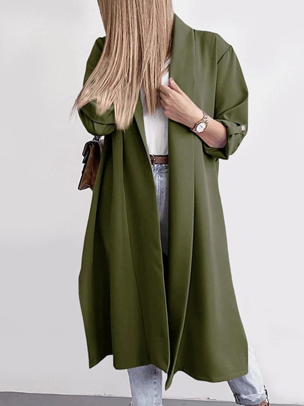 Slit Open Front Roll-Tab Sleeve Trench Coat - Trendsi