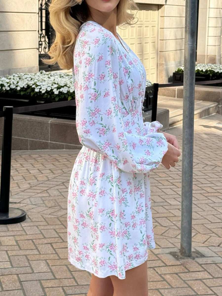 Floral Print Balloon Sleeve Dress - Trendsi - Flyclothing LLC