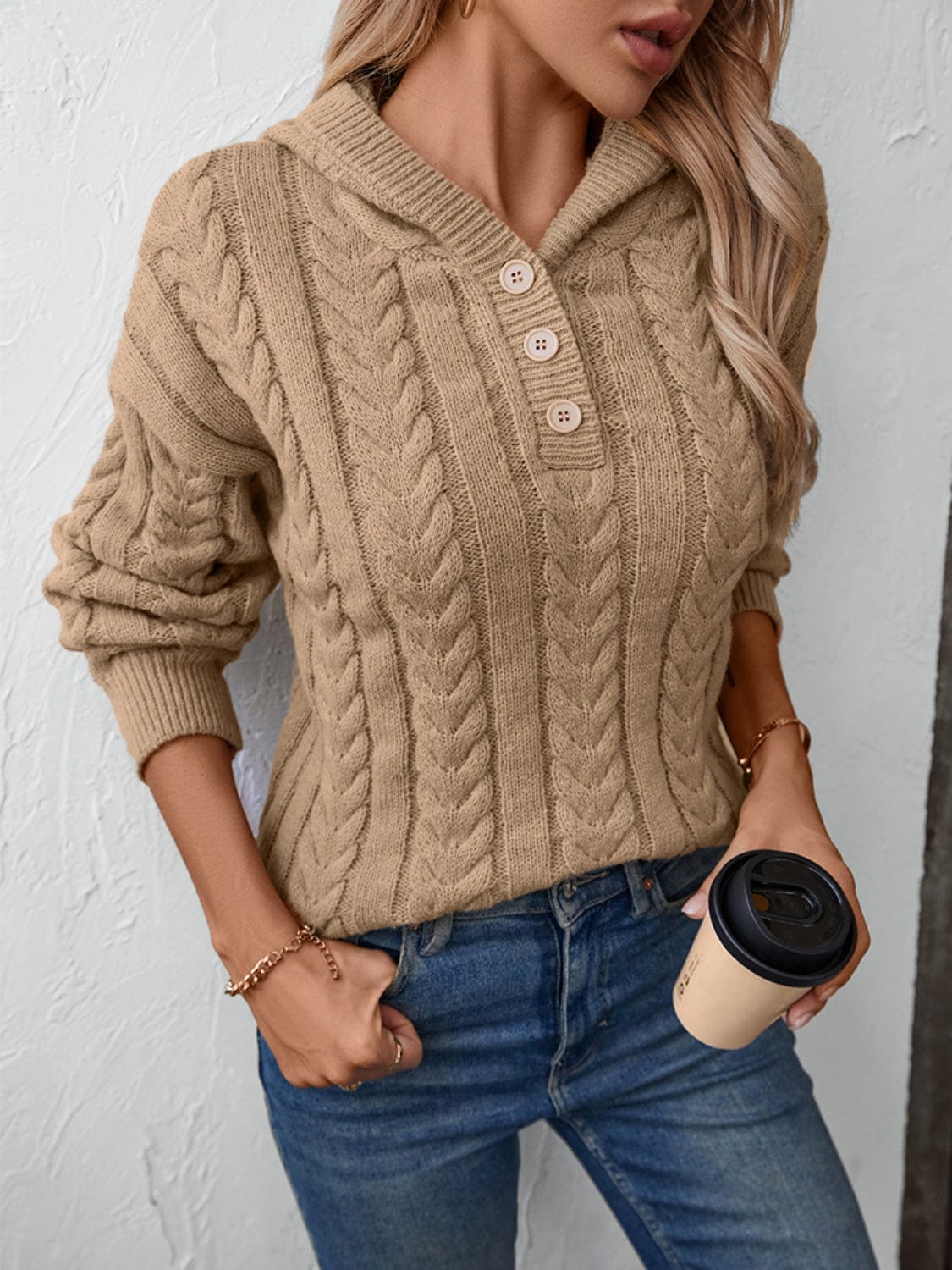 Cable-Knit Long Sleeve Hooded Sweater - Trendsi