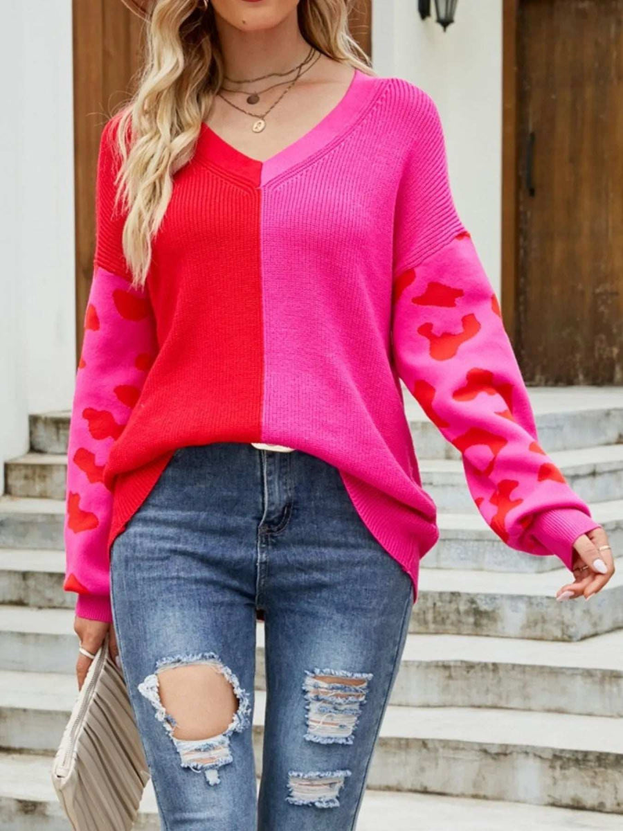 Color Block Leopard V-Neck Sweater - Trendsi