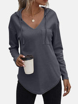 Drawstring Waffle Knit Long Sleeve Hooded Top - Trendsi - Flyclothing LLC