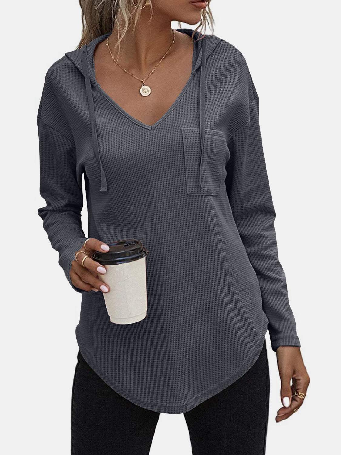 Drawstring Waffle Knit Long Sleeve Hooded Top - Trendsi - Flyclothing LLC