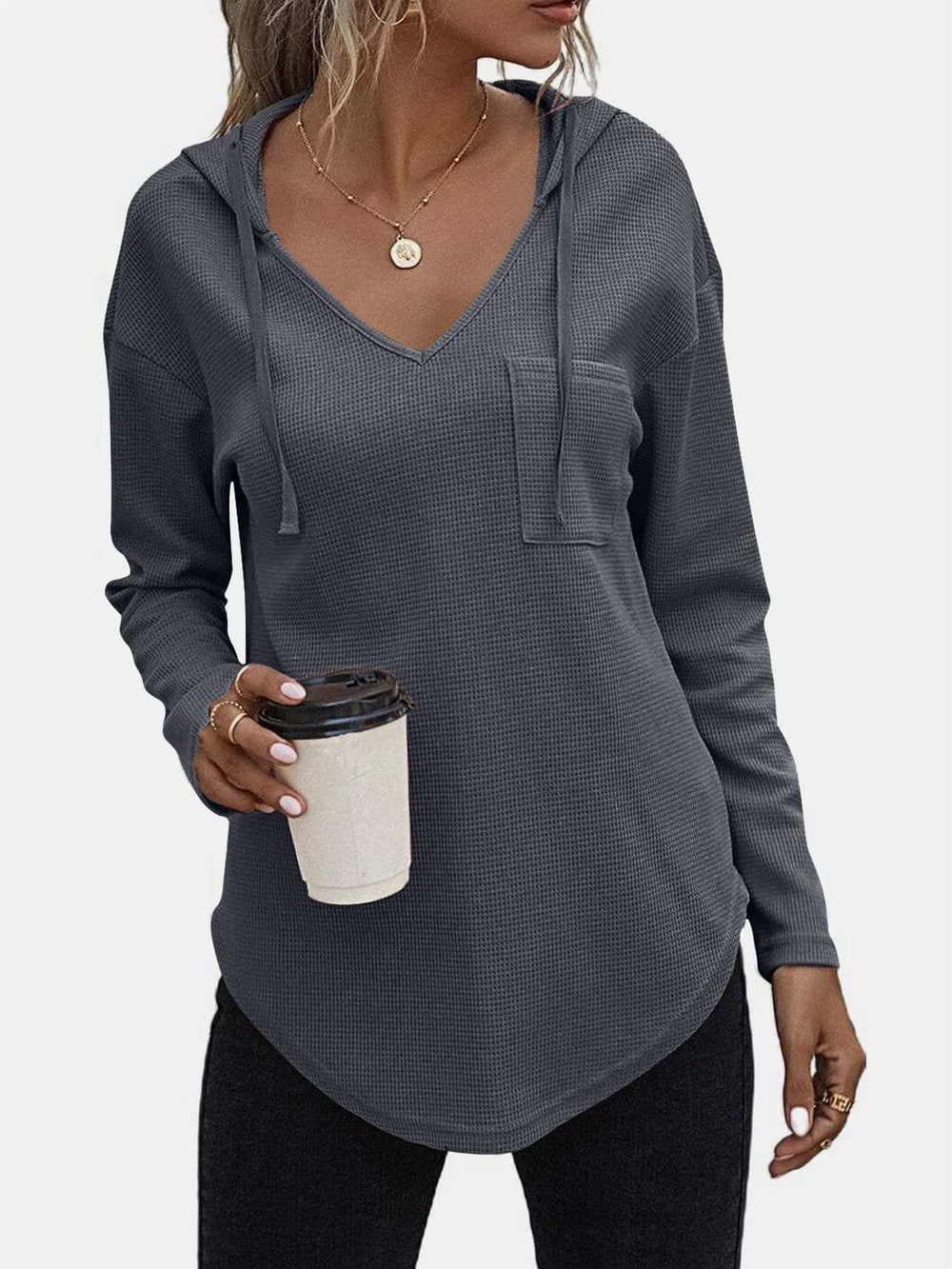 Drawstring Waffle Knit Long Sleeve Hooded Top - Trendsi - Flyclothing LLC