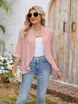 Eyelet Open Front Three-Quarter Sleeve Top - Trendsi - Flyclothing LLC