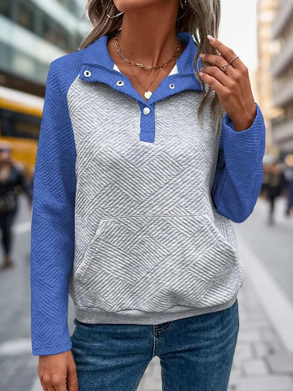 Contrast Textured Long Sleeve Sweatshirt - Trendsi - Flyclothing LLC