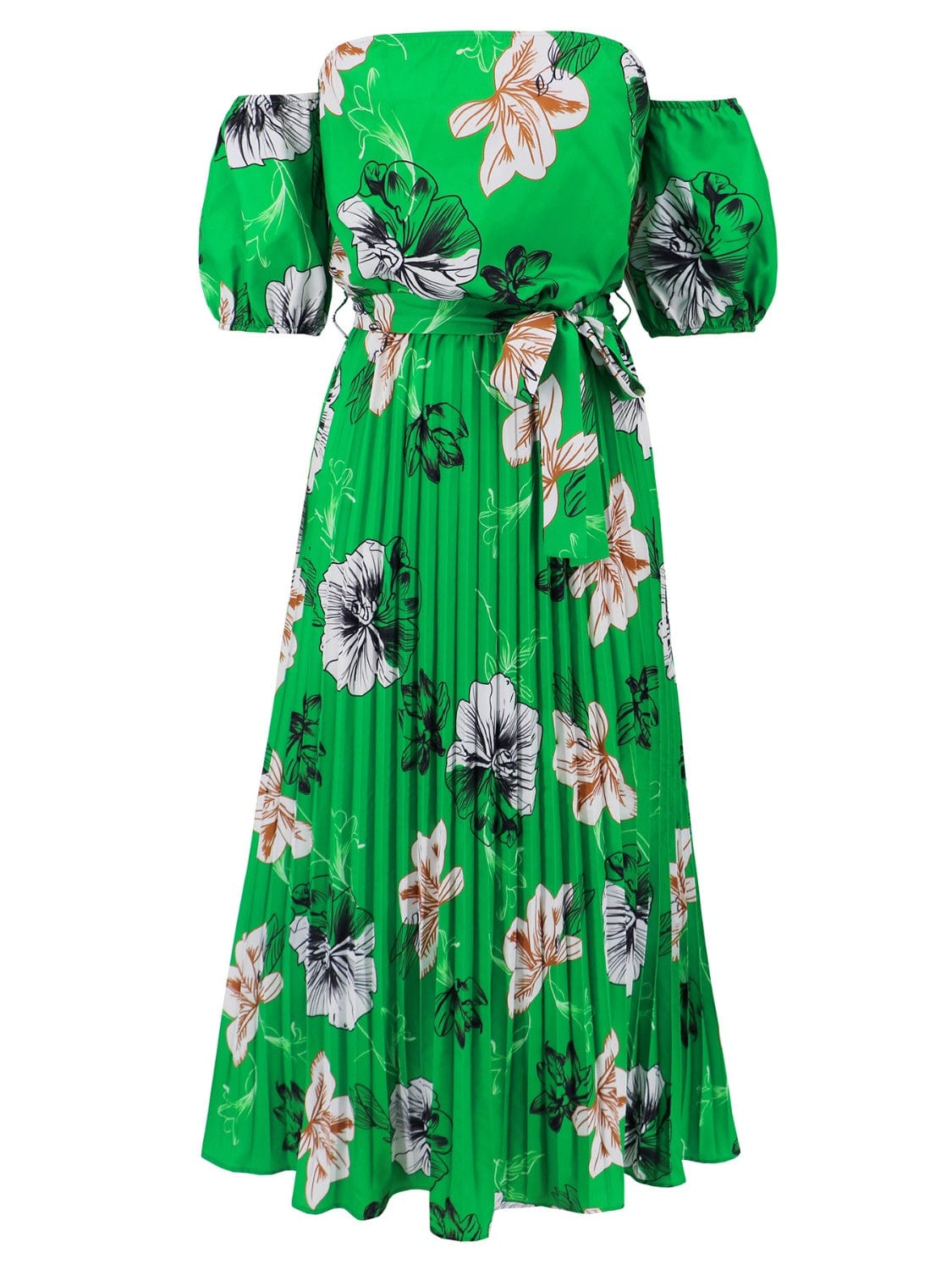 Pleated Floral Off-Shoulder Short Sleeve Midi Dress - Trendsi