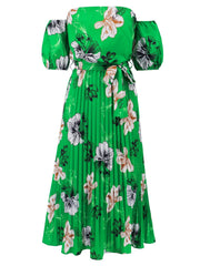 Pleated Floral Off-Shoulder Short Sleeve Midi Dress - Trendsi