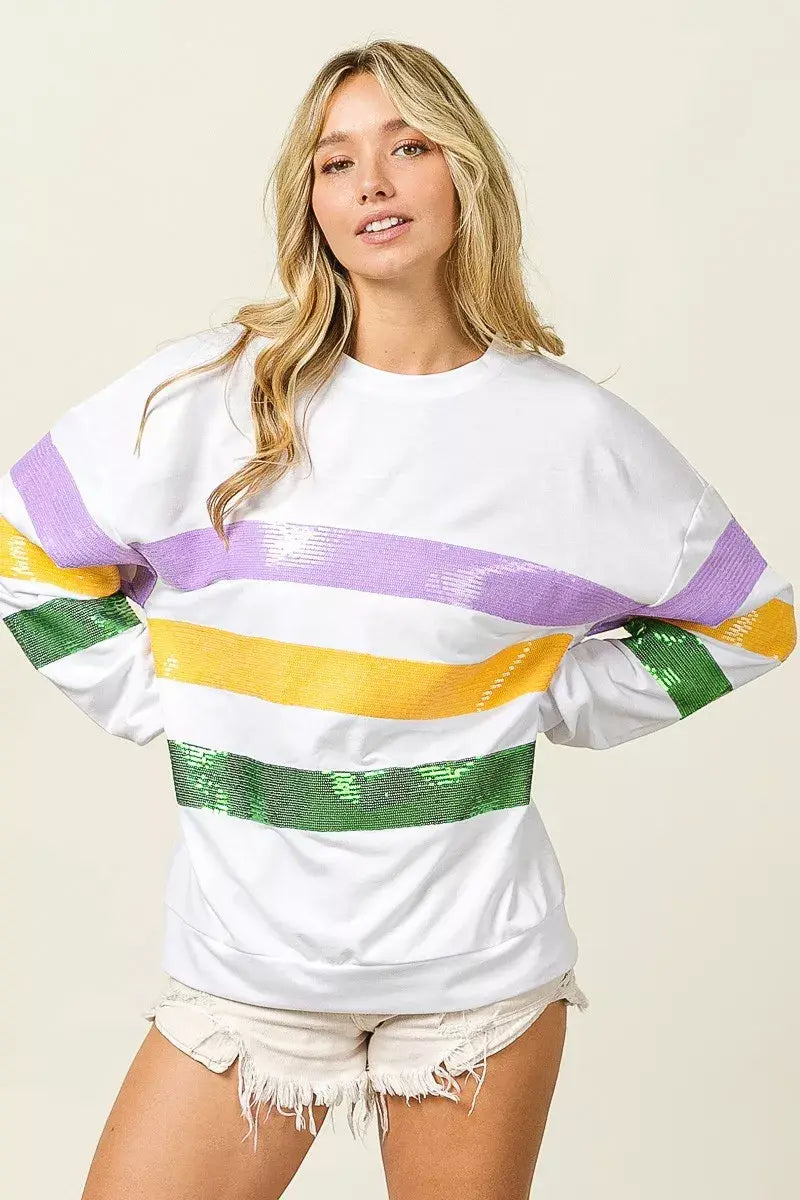 BiBi Sequin Mardi Gras Striped Round Neck Sweatshirt - Trendsi - Flyclothing LLC