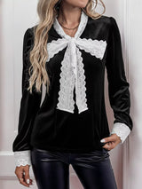 Lace Bow Tie Velvet Blouse - Trendsi - Flyclothing LLC