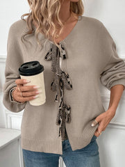 Perfee Tied Contrast Heart V-Neck Long Sleeve Cardigan - Trendsi