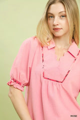 Umgee Scalloped Trim Blouse with Puff Sleeves - Trendsi - Flyclothing LLC