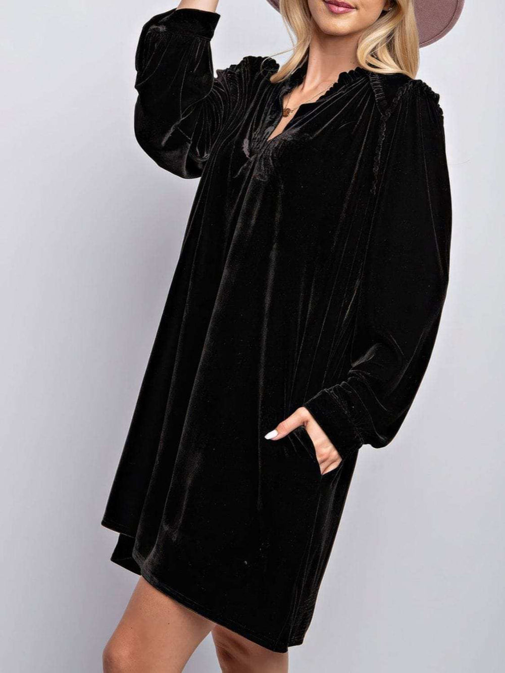 Frill Notched Long Sleeve Dress with Pockets - Trendsi - Flyclothing LLC