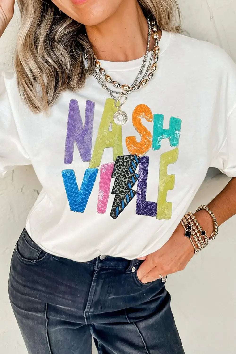 Lightening NASHVILLE Sequin Round Neck T-Shirt - Trendsi - Flyclothing LLC