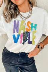 Lightening NASHVILLE Sequin Round Neck T-Shirt - Trendsi - Flyclothing LLC
