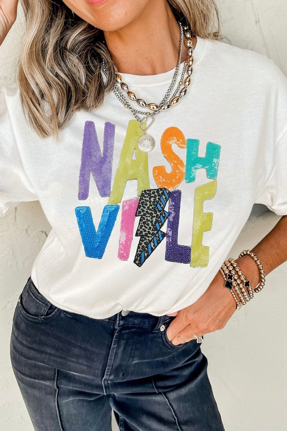Lightening NASHVILLE Sequin Round Neck T-Shirt - Trendsi