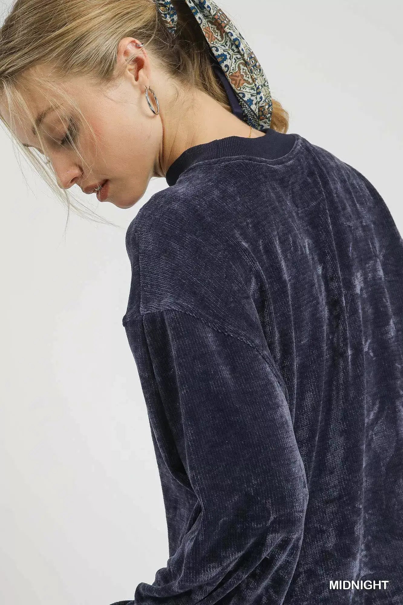 Umgee Velour Crewneck Balloon Sleeve Sweatshirt - Trendsi - Flyclothing LLC