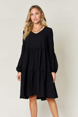 Double Take Full Size V-Neck Balloon Sleeve Tiered Dress - Trendsi - Flyclothing LLC
