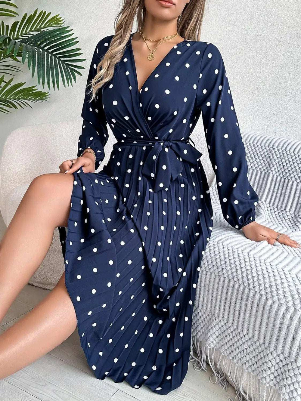 Tied Polka Dot Long Sleeve Midi Dress - Trendsi - Flyclothing LLC