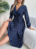 Tied Polka Dot Long Sleeve Midi Dress - Trendsi - Flyclothing LLC