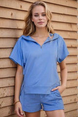 Drawstring Zipped Short Sleeve Hoodie and Shorts Set - Trendsi - Flyclothing LLC