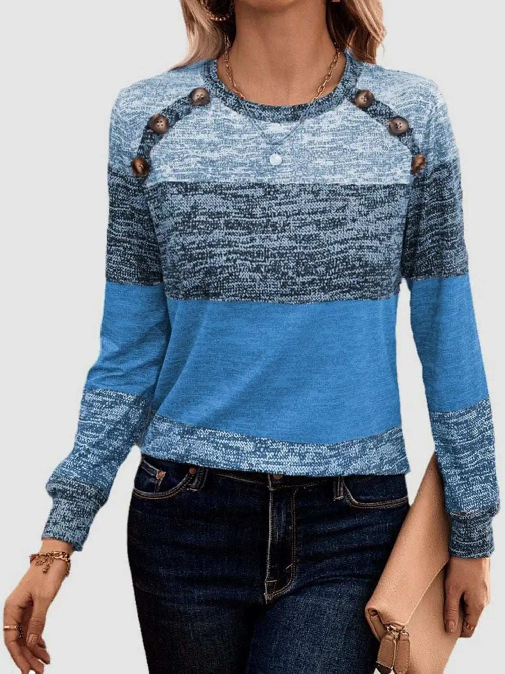 Decorative Button Contrast Round Neck Long Sleeve T-Shirt - Trendsi - Flyclothing LLC