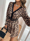 Lace Detail Leopard Flounce Sleeve Mini Dress - Trendsi - Flyclothing LLC