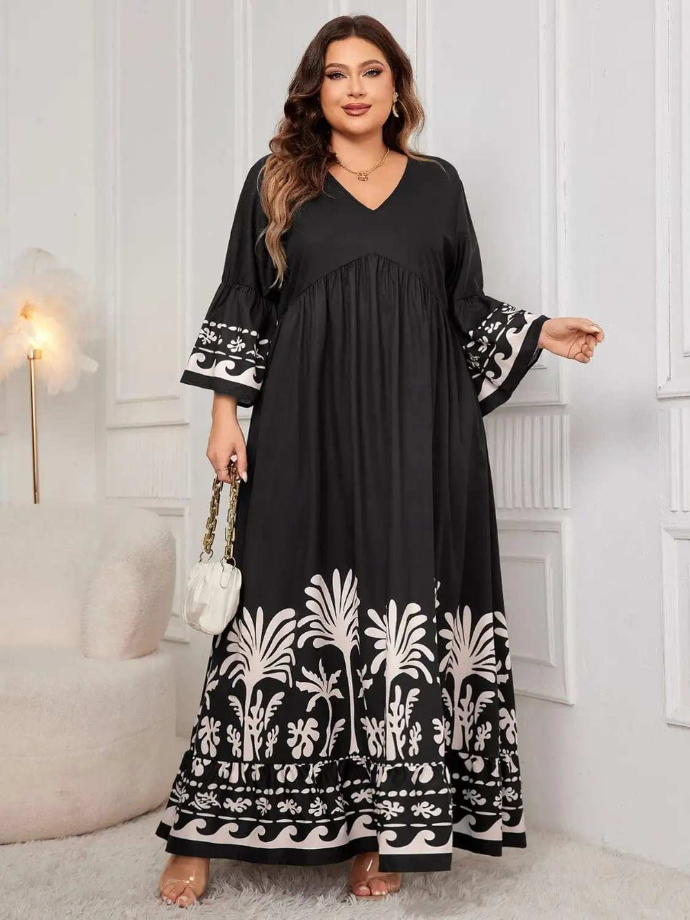 Plus Size Printed V-Neck Long Sleeve Maxi Dress - Trendsi - Flyclothing LLC