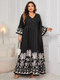 Plus Size Printed V-Neck Long Sleeve Maxi Dress - Trendsi