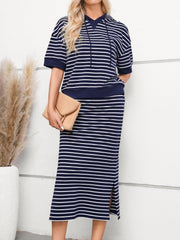 Drawstring Striped Short Sleeve Hooded Top and Skirt Set - Trendsi
