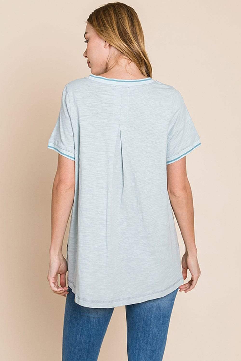 Cotton Bleu by Nu Lab Contrast Trim Short Sleeve Slit T-Shirt - Trendsi - Flyclothing LLC