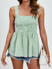 Smocked Plaid Square Neck Tank Trendsi