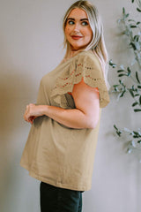 Plus Size Eyelet Round Neck Short Sleeve Blouse - Trendsi - Flyclothing LLC