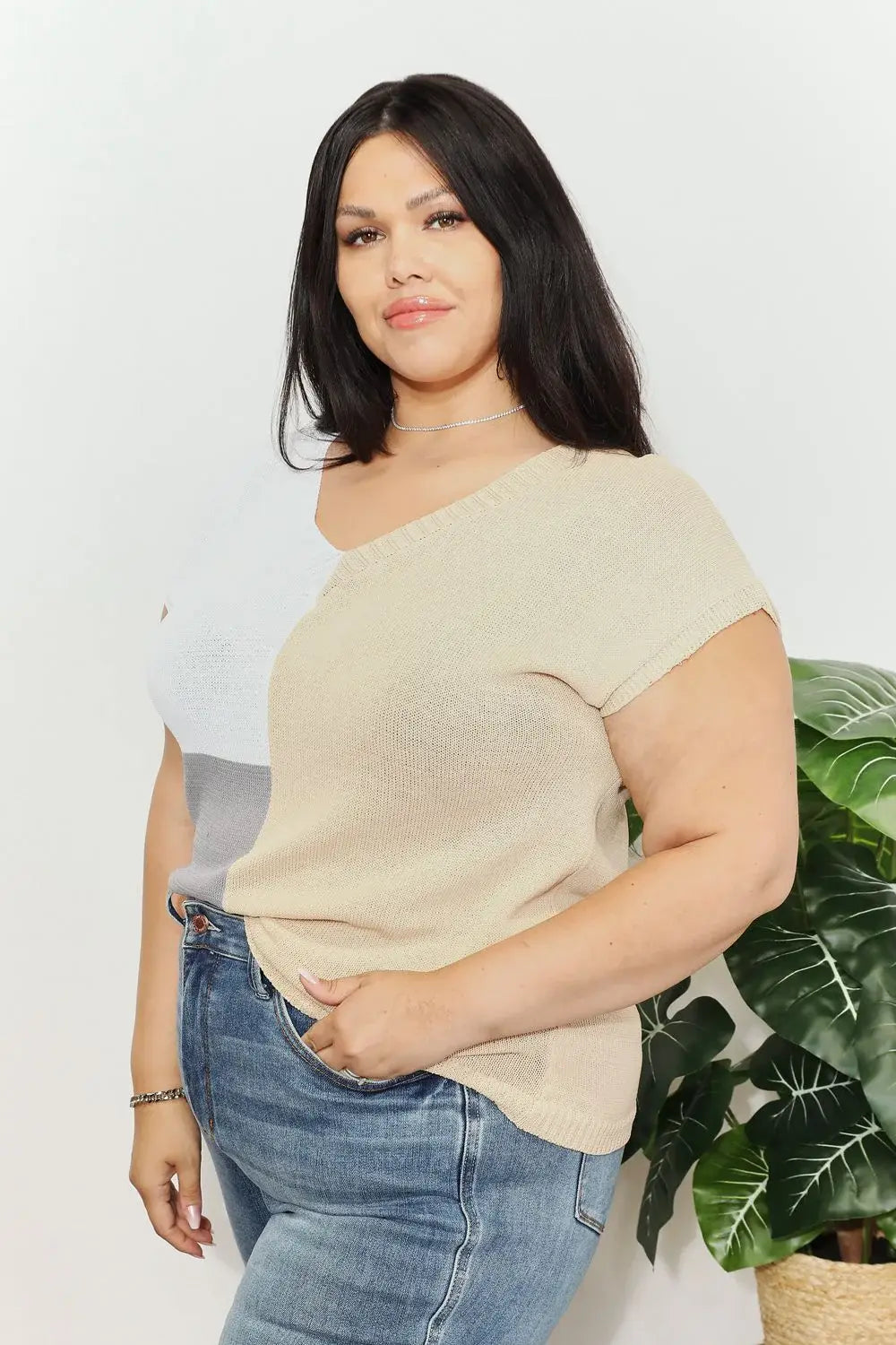 Color Block V-Neck Knit Top - Trendsi - Flyclothing LLC