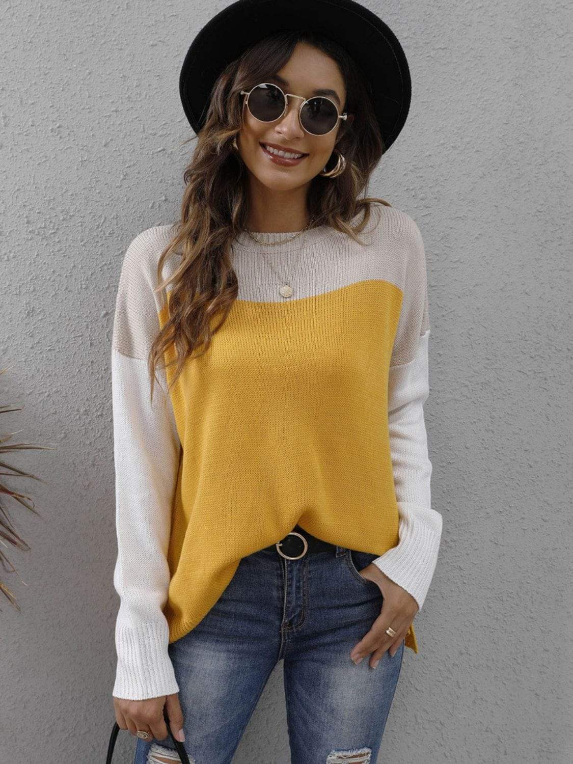 Color Block Round Neck Sweater - Trendsi - Flyclothing LLC