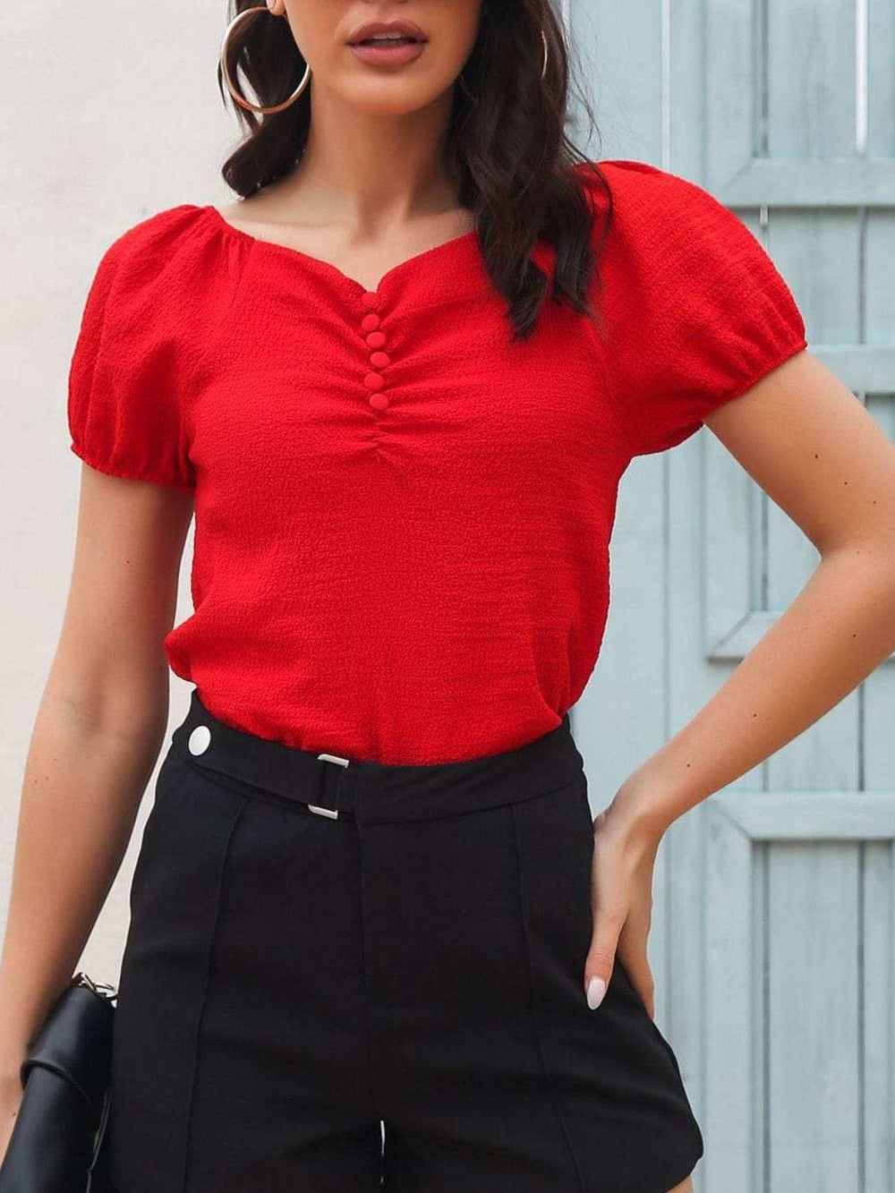 Ruched Decor Button V-Neck Short Sleeve Blouse - Trendsi - Flyclothing LLC