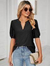 Florira Eyelet Notched Short Sleeve T-Shirt - Trendsi - Flyclothing LLC