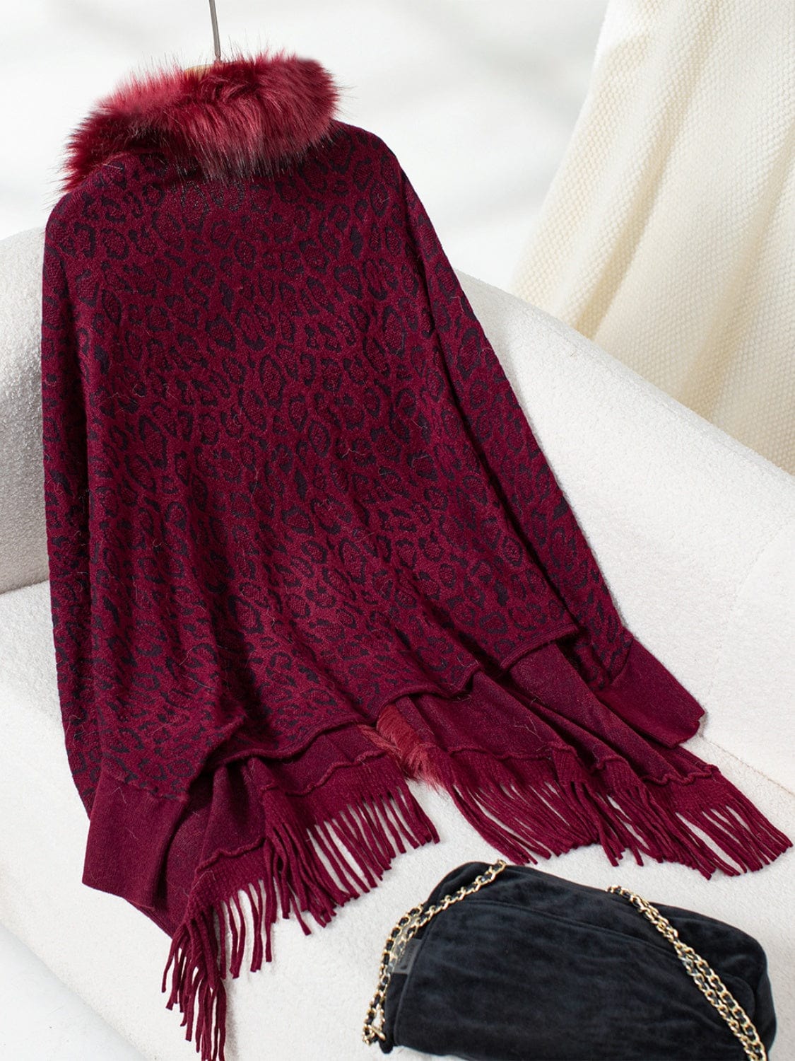 Fringe Leopard Open Front Long Sleeve Poncho - Trendsi