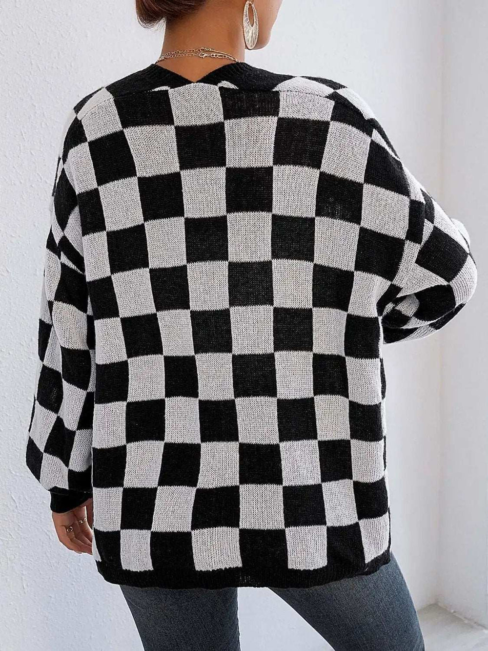 Checkered Open Front Long Sleeve Cardigan - Trendsi - Flyclothing LLC